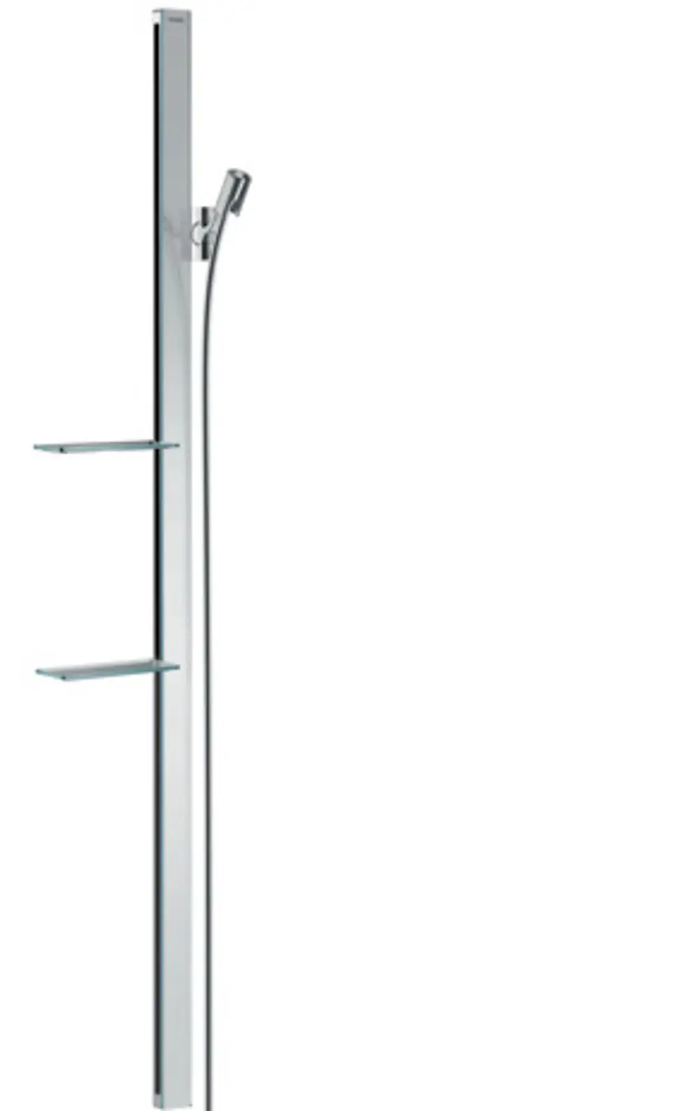 Hansgrohe Brausestange mit einer Halterung für die Handbrause und zwei Ablagen in einer chromfarbenen Ausführung.